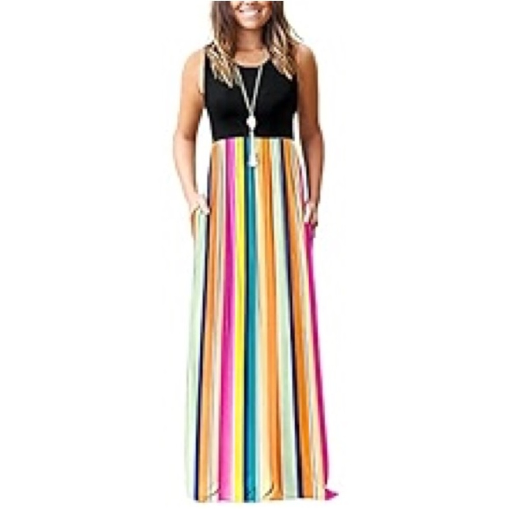 Striped Colorful Jersey Summer Maxi Dress W/ Pockets Size Xl